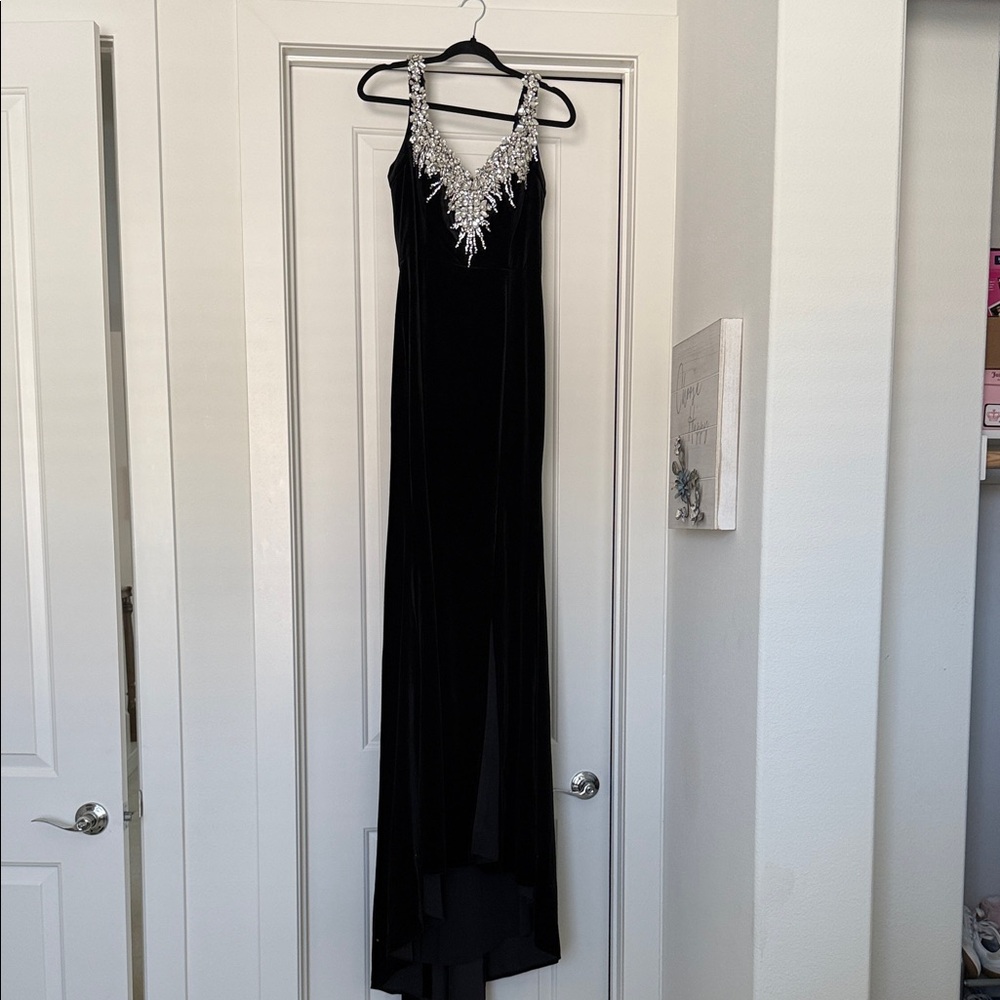 Portia and Scarlett Elegant Black High Low Gown with Silver Detailing